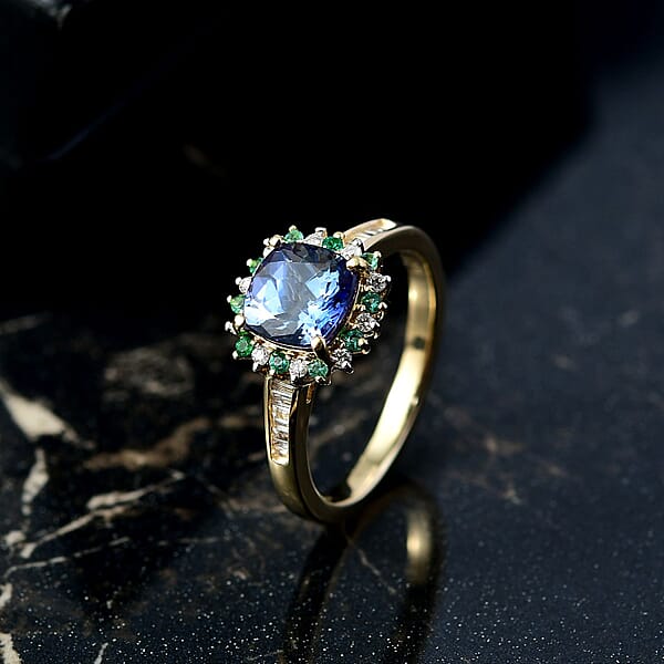 Luxoro AAA Peacock Tanzanite Boyaca Colombian Emerald And Diamond Sunburst Ring In 10K Yellow Gold 1.90 Ctw