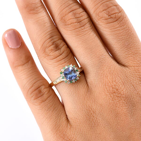 Luxoro AAA Peacock Tanzanite Boyaca Colombian Emerald And Diamond Sunburst Ring In 10K Yellow Gold 1.90 Ctw