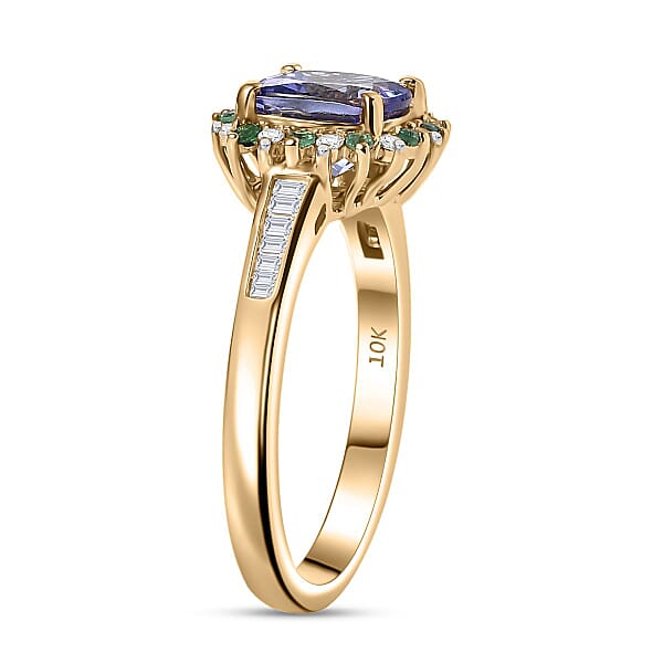 Luxoro AAA Peacock Tanzanite Boyaca Colombian Emerald And Diamond Sunburst Ring In 10K Yellow Gold 1.90 Ctw