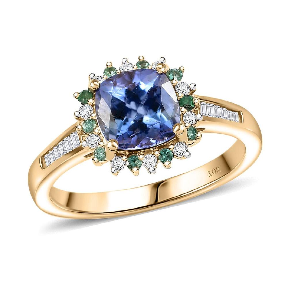 Luxoro AAA Peacock Tanzanite Boyaca Colombian Emerald and Diamond Sunburst Ring in 10K Yellow Gold 1.90 ctw