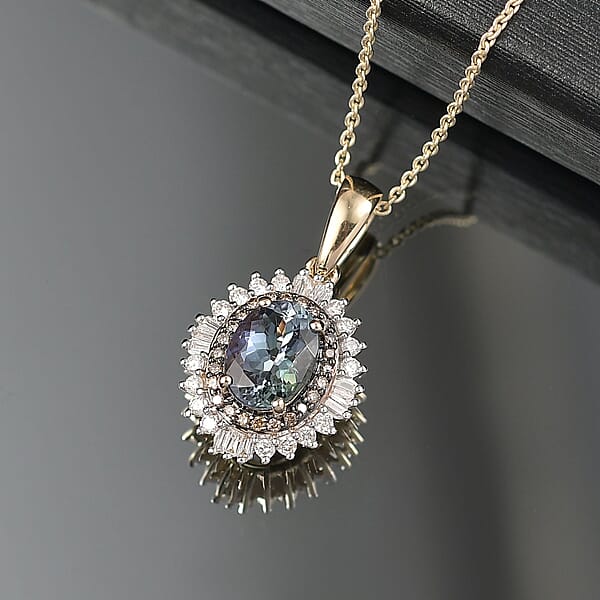 Luxoro AAA Peacock Tanzanite Natural Champagne And White Diamond I2 2.10 Ctw Sunburst Pendant Necklace In 10K Yellow Gold 20 Inches