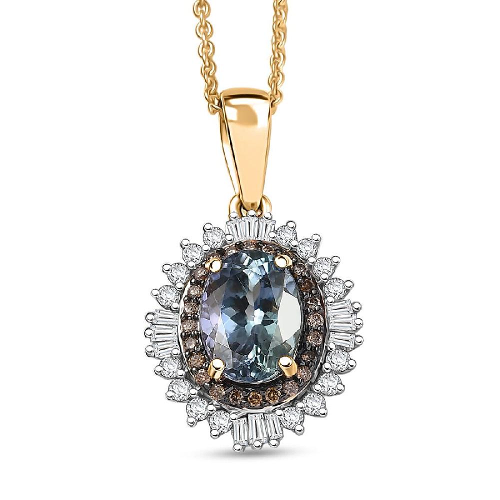 Luxoro AAA Peacock Tanzanite Natural Champagne and White Diamond I2 2.10 ctw Sunburst Pendant Necklace in 10K Yellow Gold 20 Inches