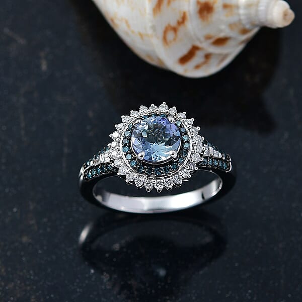 Luxoro AAA Peacock Tanzanite Venice Blue Diamond And White Diamond I2 1.60 Ctw Sunrays Ring In 10K White Gold 4 Grams