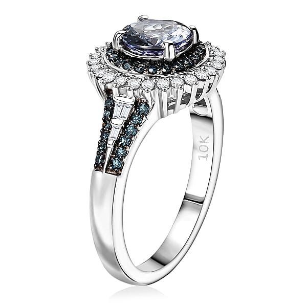 Luxoro AAA Peacock Tanzanite Venice Blue Diamond And White Diamond I2 1.60 Ctw Sunrays Ring In 10K White Gold 4 Grams