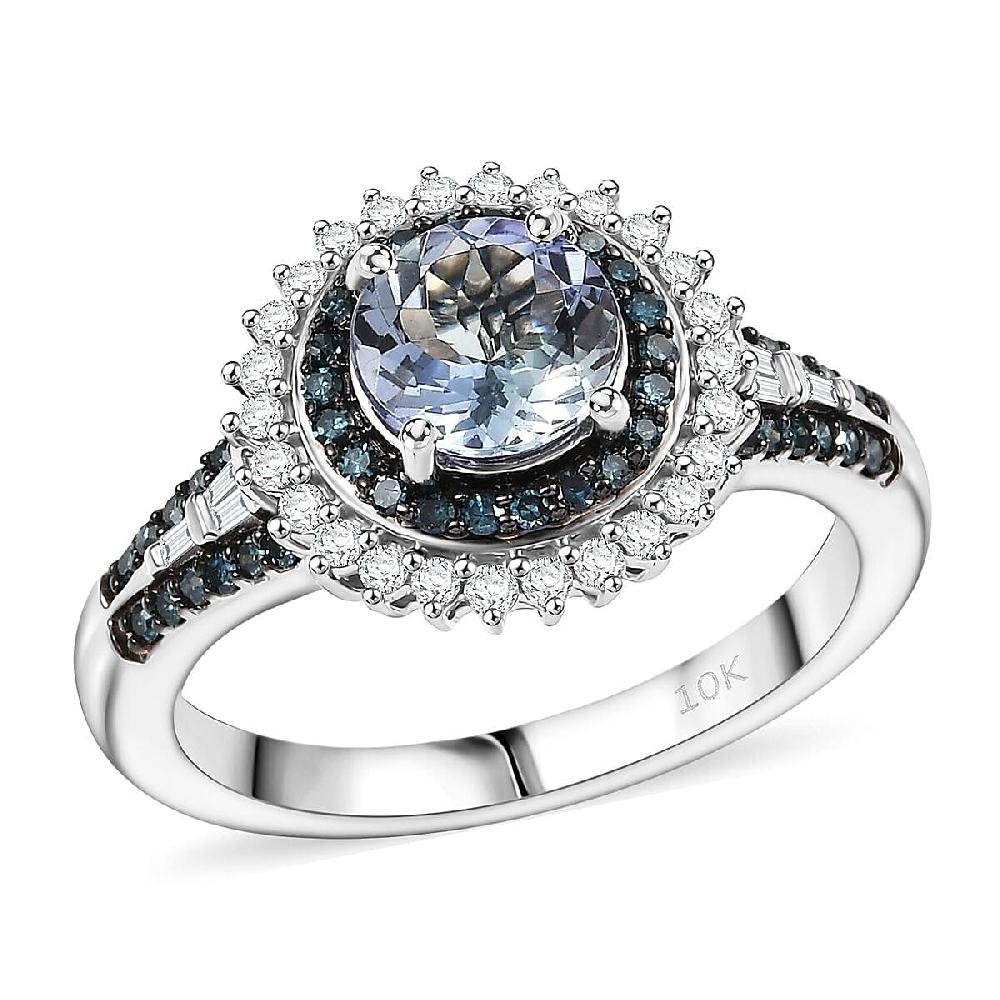 Luxoro AAA Peacock Tanzanite Venice Blue Diamond And White Diamond I2 1.60 Ctw Sunrays Ring In 10K White Gold 4 Grams