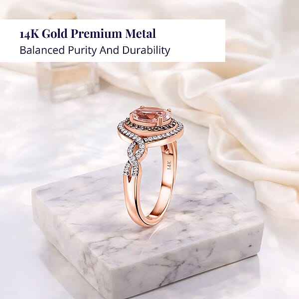 Luxoro AAA Pink Morganite Natural Champagne And White Diamond Ring In 14K Rose Gold 2.75 Ctw