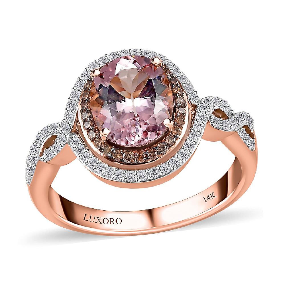 Luxoro AAA Pink Morganite Natural Champagne and White Diamond Ring in 14K Rose Gold 2.75 ctw