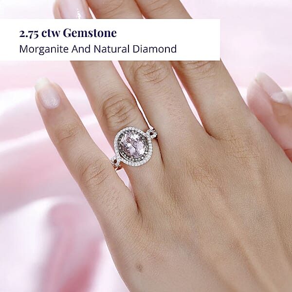 Luxoro AAA Pink Morganite Natural Champagne And White Diamond Ring In 14K Rose Gold 2.75 Ctw
