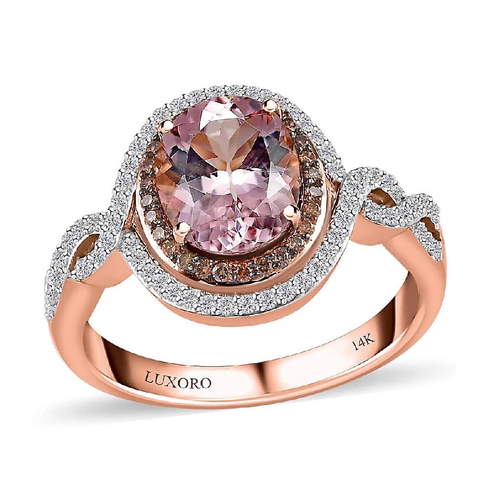 Luxoro AAA Pink Morganite Natural Champagne and White Diamond Ring in 14K Rose Gold 2.75 ctw