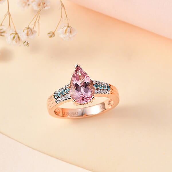 Luxoro AAA Pink Morganite Paraiba Tourmaline And G-H I2 Diamond 2.10 Ctw Ring In 14K Rose Gold 4.25 Grams