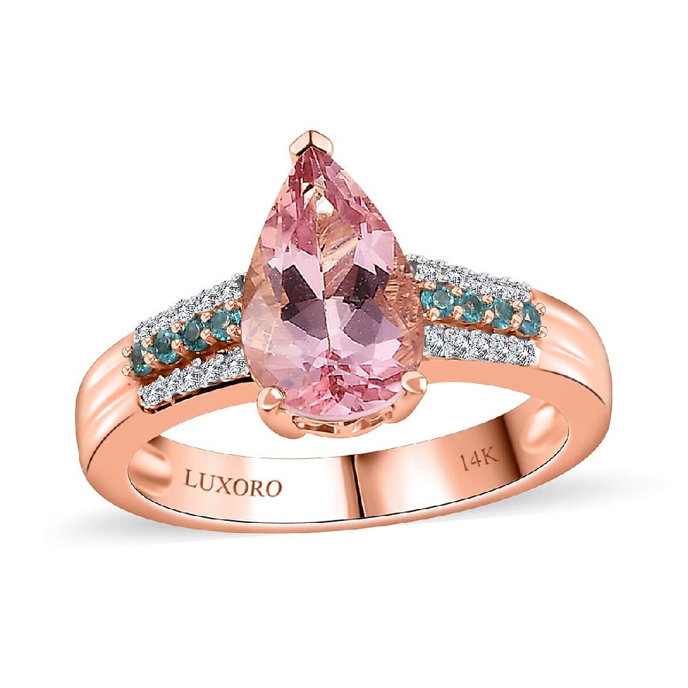 Luxoro AAA Pink Morganite Paraiba Tourmaline and G-H I2 Diamond 2.10 ctw Ring in 14K Rose Gold 4.25 Grams