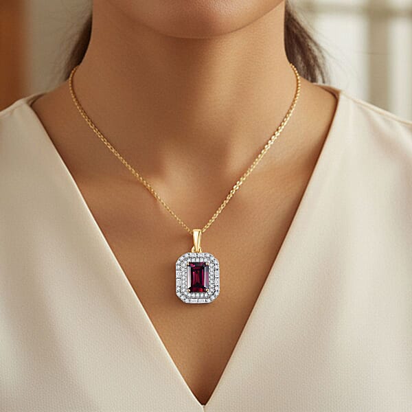 Luxoro AAA Radiant Ember Garnet And G-H I2 Diamond 2.30 Ctw Art Deco Pendant Necklace In 10K Yellow Gold 20 Inches