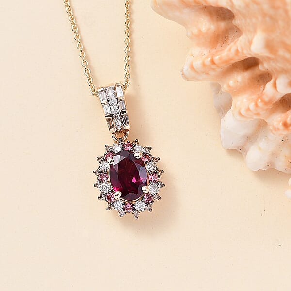 Luxoro AAA Radiant Ember Garnet Padparadscha Sapphire Natural Champagne And White Diamond I2 1.90 Ctw Royal Bloom Pendant Necklace In 10K Yellow Gold 20 Inches