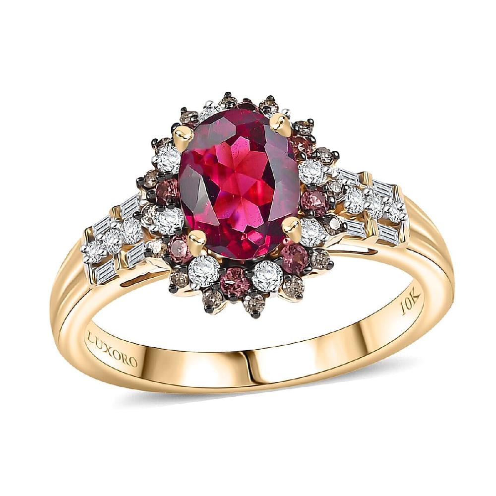 Luxoro AAA Radiant Ember Garnet Padparadscha Sapphire Natural Champagne and White Diamond I2 2.10 ctw Royal Bloom Ring in 10K Yellow Gold (Size 10.0)