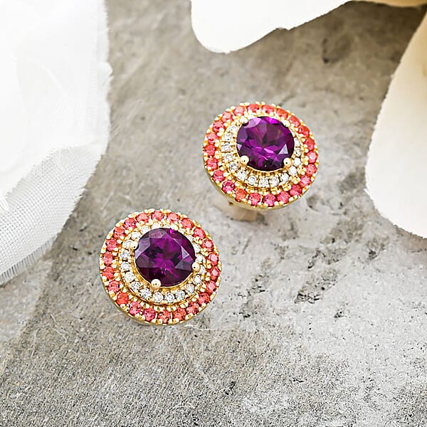 Luxoro AAA Radiant Ember Garnet Padparadscha Sapphire And G-H I2 Diamond 3.60 Ctw Earrings In 10K Yellow Gold