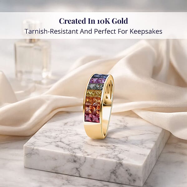 Luxoro AAA Rainbow Sapphire Band Ring In 10K Yellow Gold 2.40 Ctw