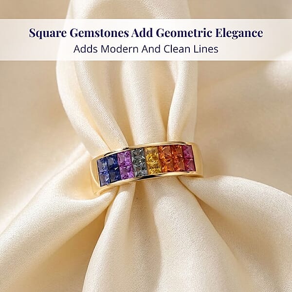 Luxoro AAA Rainbow Sapphire Band Ring In 10K Yellow Gold 2.40 Ctw