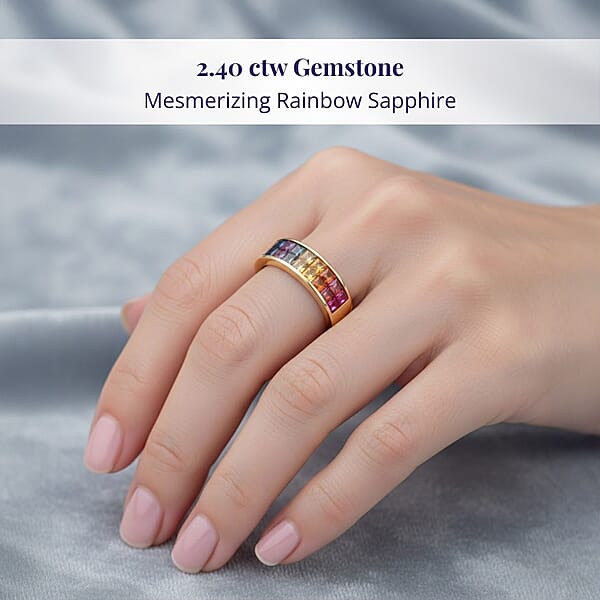 Luxoro AAA Rainbow Sapphire Band Ring In 10K Yellow Gold 2.40 Ctw