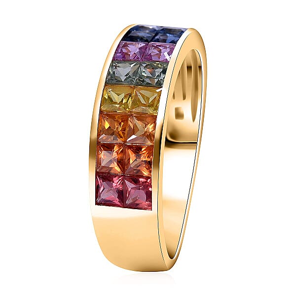 Luxoro AAA Rainbow Sapphire Band Ring In 10K Yellow Gold 2.40 Ctw