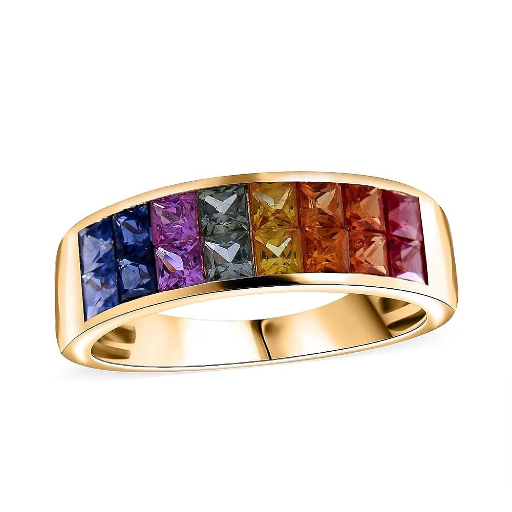 Luxoro AAA Rainbow Sapphire Band Ring in 10K Yellow Gold 2.40 ctw