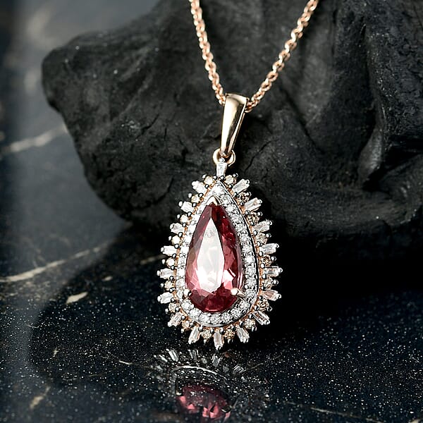 Luxoro AAA Red Apatite Natural Champagne And White Diamond 2.60 Ctw Flare Tiara Pendant Necklace In 10K Rose Gold 20 Inches