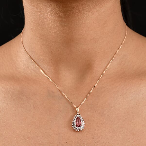 Luxoro AAA Red Apatite Natural Champagne And White Diamond 2.60 Ctw Flare Tiara Pendant Necklace In 10K Rose Gold 20 Inches