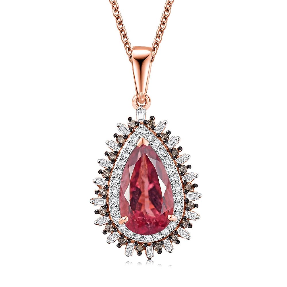 Luxoro AAA Red Apatite Natural Champagne and White Diamond 2.60 ctw Flare Tiara Pendant Necklace in 10K Rose Gold 20 Inches