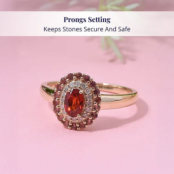 Luxoro AAA Red Sapphire Padparadscha Sapphire (BT) And I2 Diamond 1.20 Ctw Crimson Halo Ring In 10K Yellow Gold