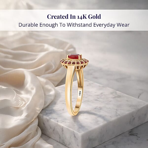 Luxoro AAA Red Sapphire Padparadscha Sapphire (BT) And I2 Diamond 1.20 Ctw Crimson Halo Ring In 10K Yellow Gold