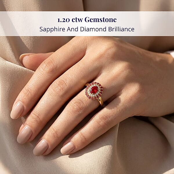 Luxoro AAA Red Sapphire Padparadscha Sapphire (BT) And I2 Diamond 1.20 Ctw Crimson Halo Ring In 10K Yellow Gold