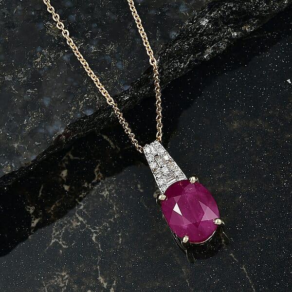Luxoro AAA Royal Ruby And G-H I2 Diamond 3.90 Ctw Art Deco Pendant Necklace In 10K Yellow Gold 20 Inches