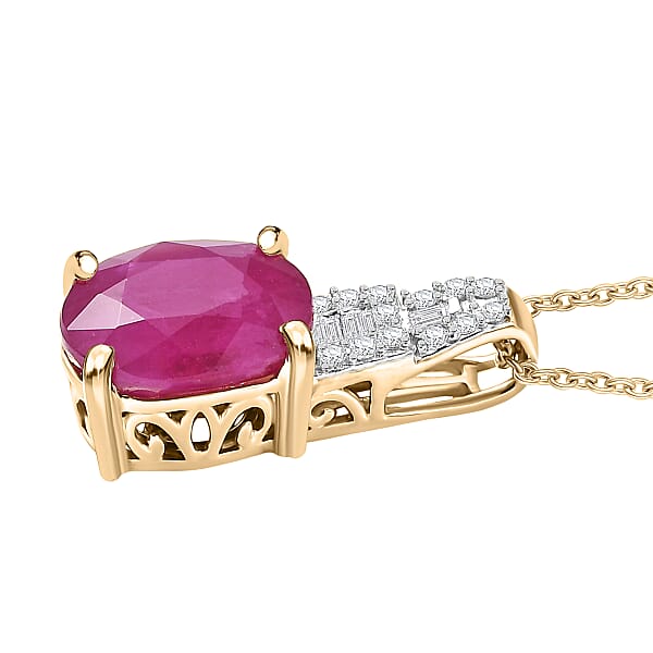 Luxoro AAA Royal Ruby And G-H I2 Diamond 3.90 Ctw Art Deco Pendant Necklace In 10K Yellow Gold 20 Inches