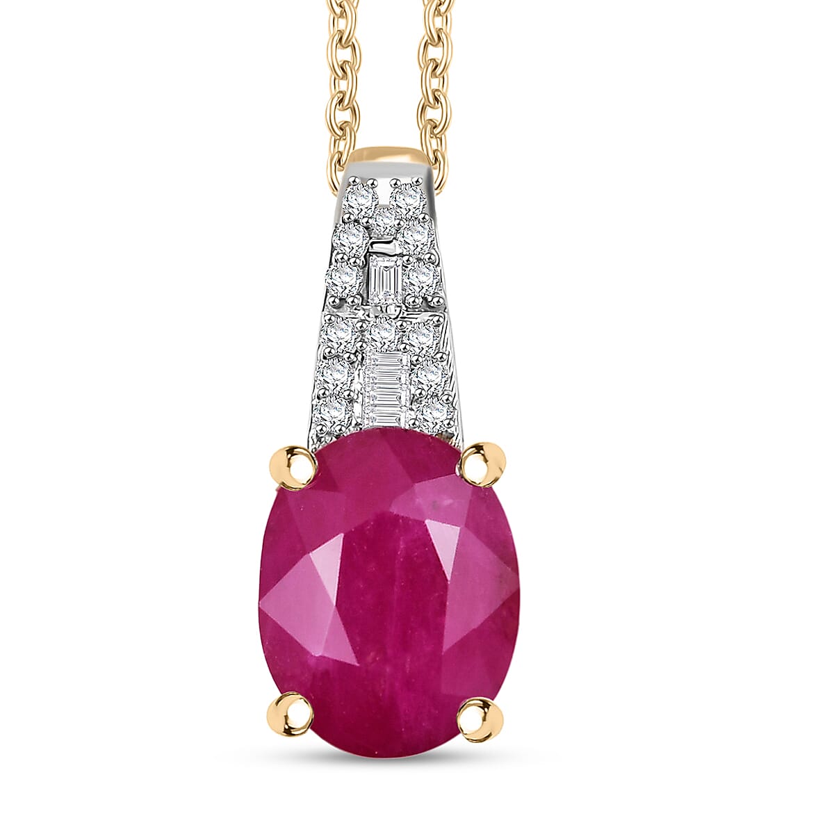 Luxoro AAA Royal Ruby and G-H I2 Diamond 3.90 ctw Art Deco Pendant Necklace in 10K Yellow Gold 20 Inches