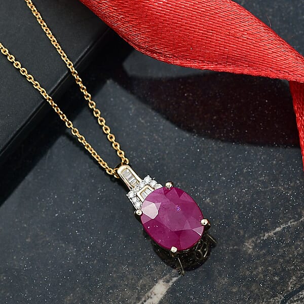 Luxoro AAA Royal Ruby And G-H I2 Diamond 5.60 Ctw Empress Crest Pendant Necklace In 10K Yellow Gold 20 Inches