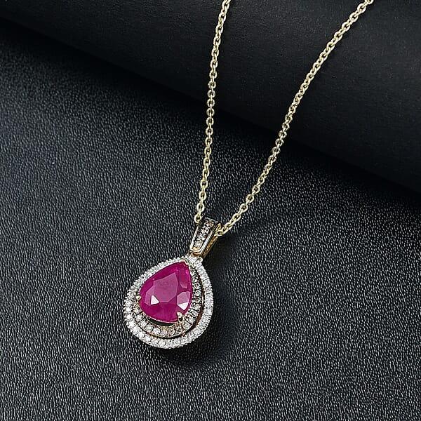 Luxoro AAA Royal Ruby I2 Natural Champagne And White Diamond 2.50 Ctw Dewdrop Pendant Necklace In 10K Yellow Gold 20 Inches