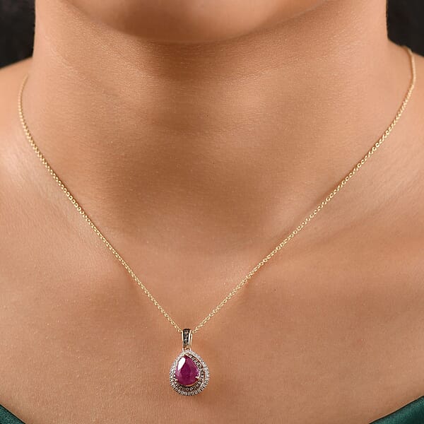 Luxoro AAA Royal Ruby I2 Natural Champagne And White Diamond 2.50 Ctw Dewdrop Pendant Necklace In 10K Yellow Gold 20 Inches