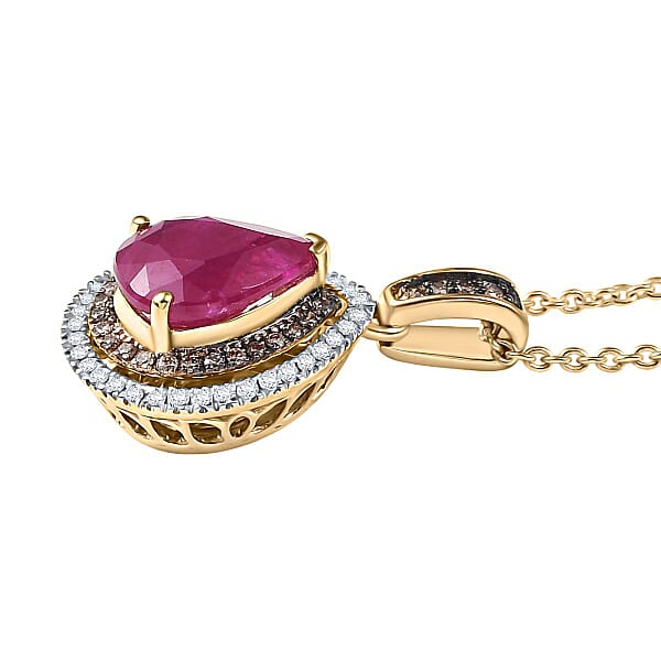 Luxoro AAA Royal Ruby I2 Natural Champagne And White Diamond 2.50 Ctw Dewdrop Pendant Necklace In 10K Yellow Gold 20 Inches