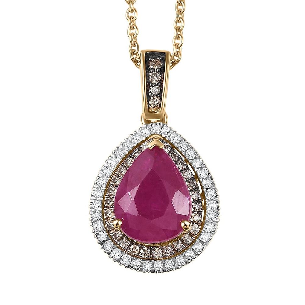 Luxoro AAA Royal Ruby I2 Natural Champagne and White Diamond 2.50 ctw Dewdrop Pendant Necklace in 10K Yellow Gold 20 Inches