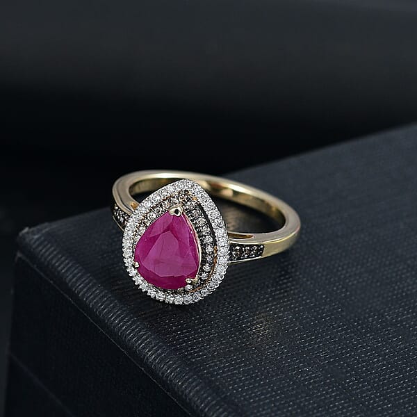 Luxoro AAA Royal Ruby Natural Champagne And White Diamond I2 2.50 Ctw Dewdrop Ring In 10K Yellow Gold