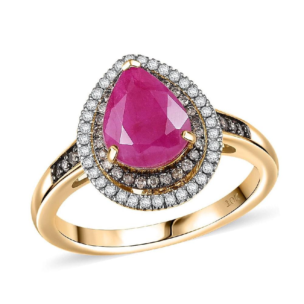 Luxoro AAA Royal Ruby Natural Champagne and White Diamond I2 2.50 ctw Dewdrop Ring in 10K Yellow Gold