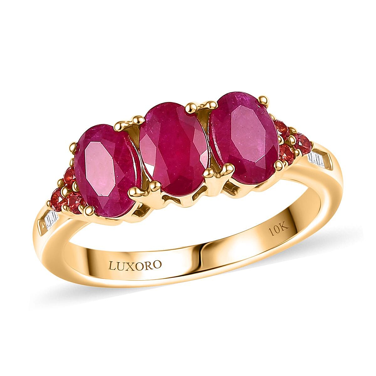 Luxoro AAA Royal Ruby Padparadscha Sapphire and White Diamond I2 2.90 ctw Art Deco Halo Ring in 10K Yellow Gold