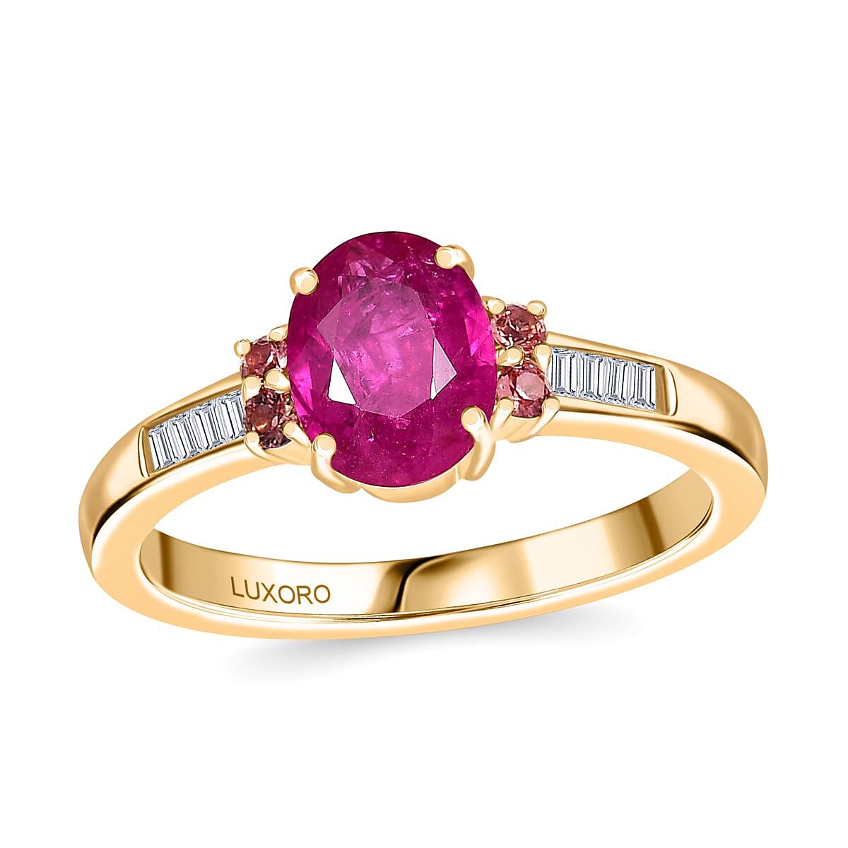 Luxoro AAA Royal Ruby Padparscha Sapphire and Diamond I2 1.60 ctw Ring in 10K Yellow Gold