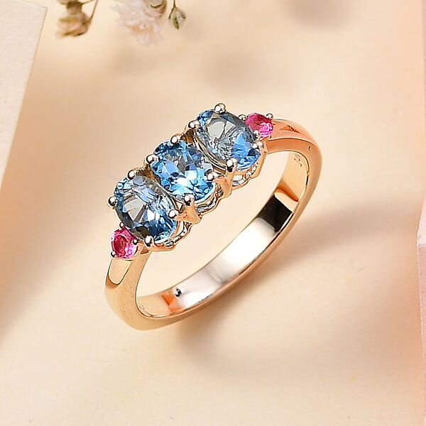 Luxoro AAA Santa Maria Aquamarine And AAA Mahenge Spinel 1.35 Ctw Trilogy Ring In 14K Yellow Gold