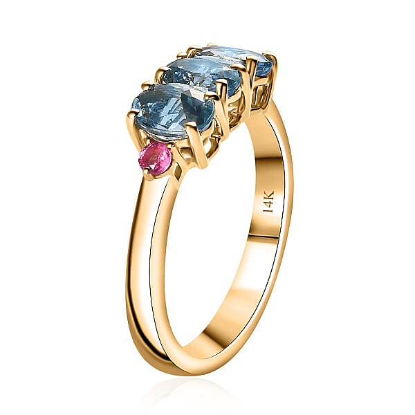 Luxoro AAA Santa Maria Aquamarine And AAA Mahenge Spinel 1.35 Ctw Trilogy Ring In 14K Yellow Gold
