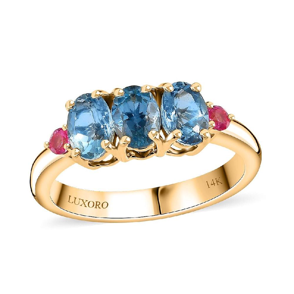 Luxoro AAA Santa Maria Aquamarine and AAA Mahenge Spinel 1.35 ctw Trilogy Ring in 14K Yellow Gold
