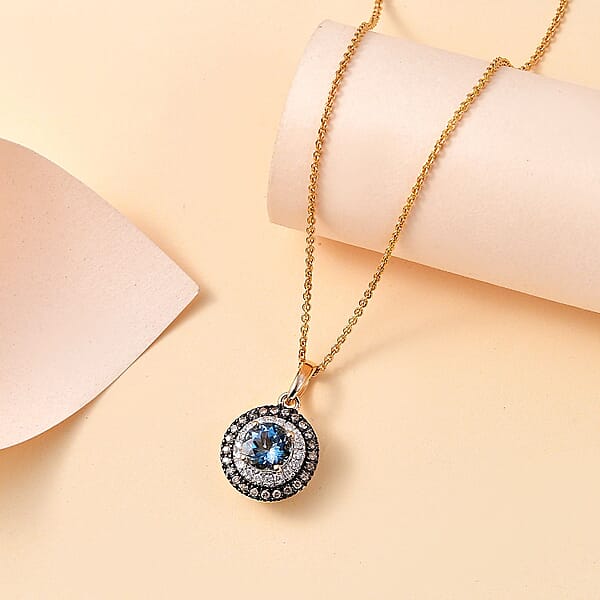 Luxoro AAA Santa Maria Aquamarine Natural And White Diamond 1.47 Ctw Double Halo Pendant Necklace 20 Inches In 14K Yellow Gold