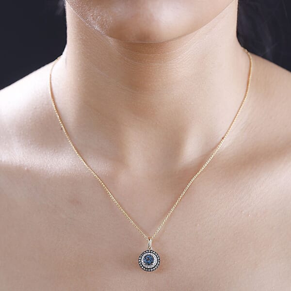 Luxoro AAA Santa Maria Aquamarine Natural And White Diamond 1.47 Ctw Double Halo Pendant Necklace 20 Inches In 14K Yellow Gold