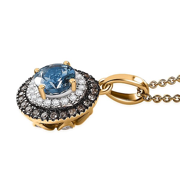 Luxoro AAA Santa Maria Aquamarine Natural And White Diamond 1.47 Ctw Double Halo Pendant Necklace 20 Inches In 14K Yellow Gold