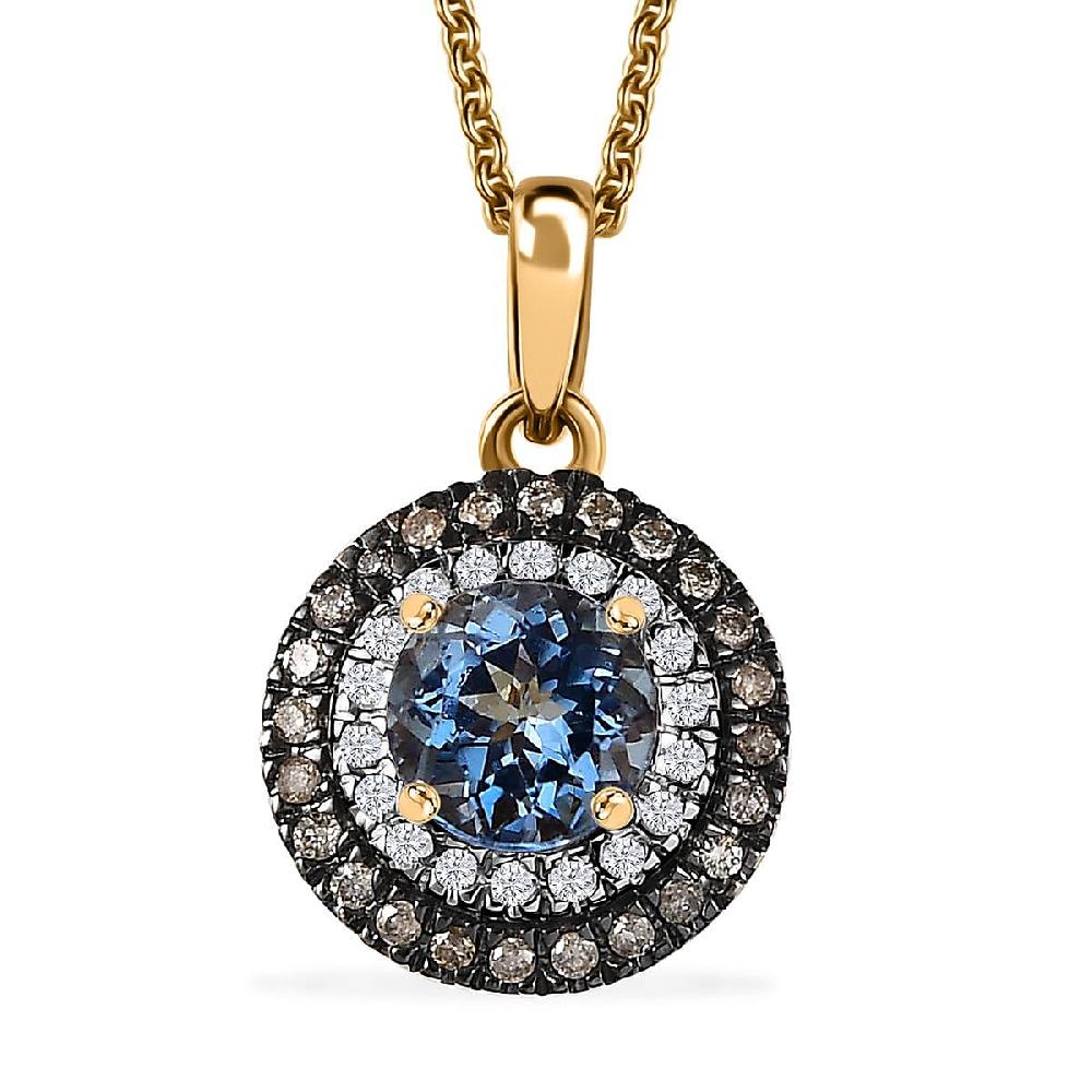 Luxoro AAA Santa Maria Aquamarine Natural and White Diamond 1.47 ctw Double Halo Pendant Necklace 20 Inches in 14K Yellow Gold