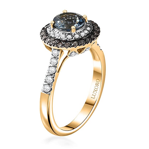 Luxoro AAA Santa Maria Aquamarine Natural Champagne And G-H I2 Diamond 1.85 Ctw Ring In 14K Yellow Gold (Size 8.5)